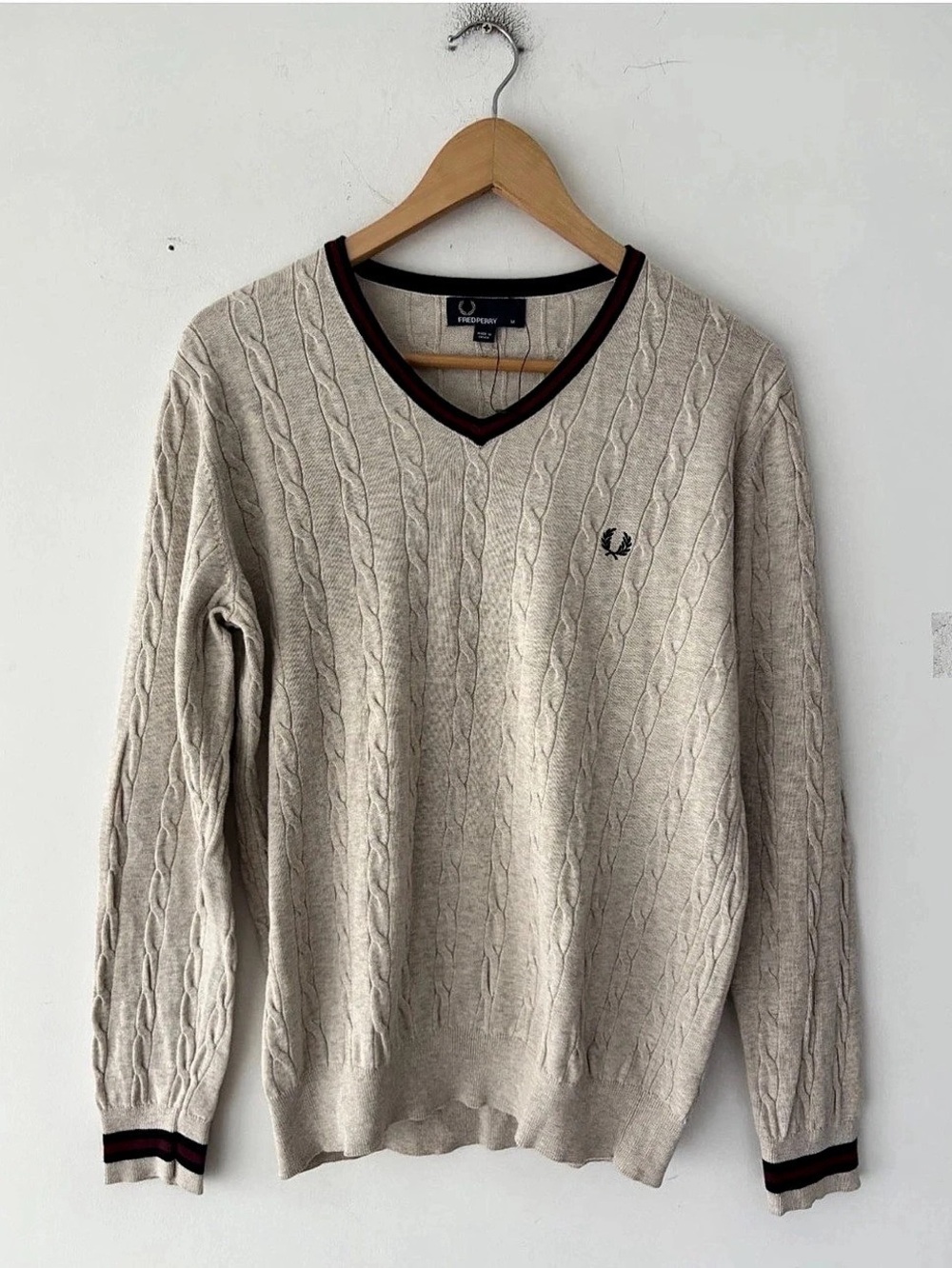 Fred Perry Cable Knit V-Neck Jumper Men's Medium Cream